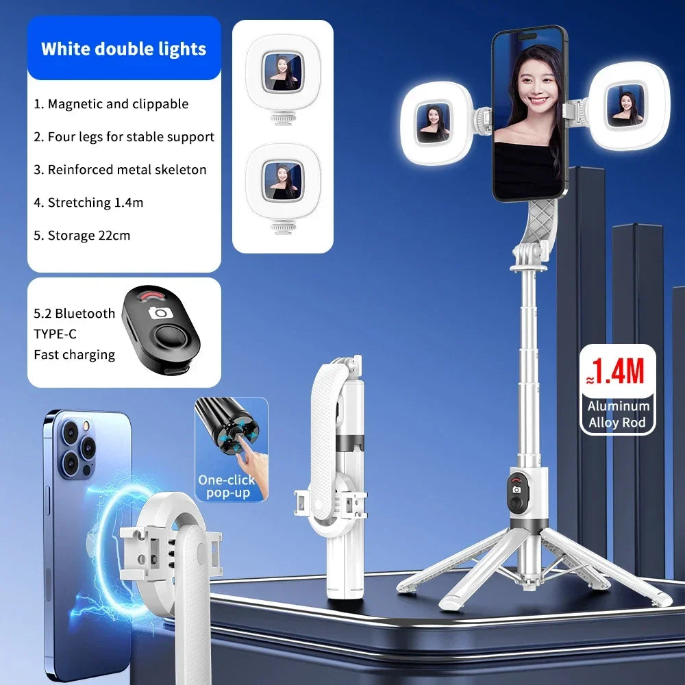 Magnetic Selfie Stick Tripod With Bluetooth Remote &ndash; Slim White-H2 / PO7MAX(Magnetic)