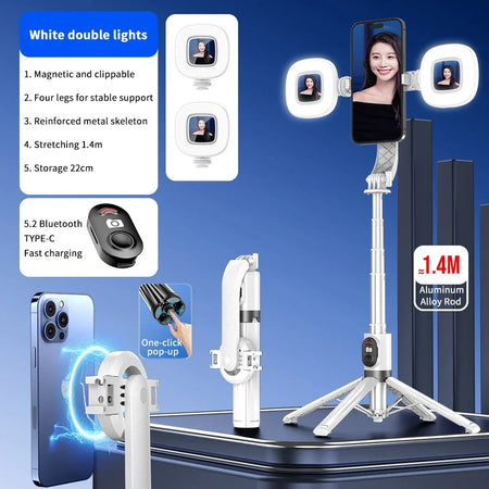 Magnetic Selfie Stick Tripod With Bluetooth Remote &ndash; Slim White-H2 / PO7MAX(Magnetic)