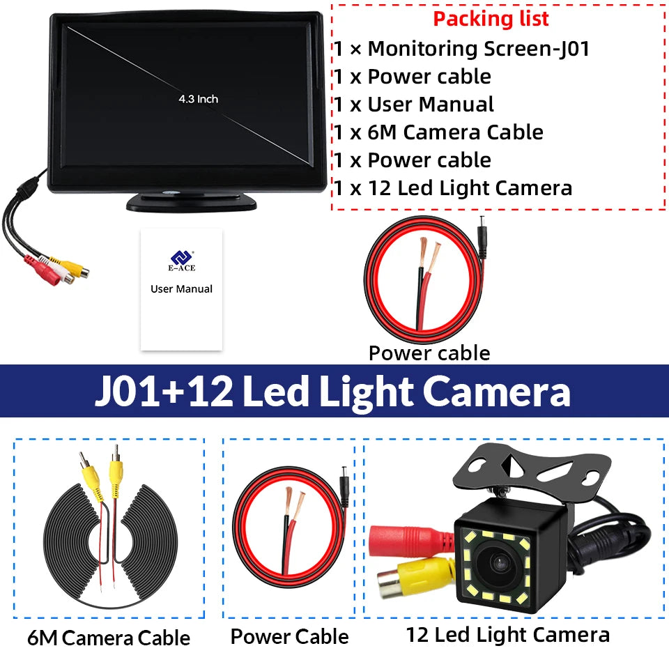 E-ACE Rear View Camera Kit &ndash; Night Vision DVR Waterproof J01-12 Led Camera