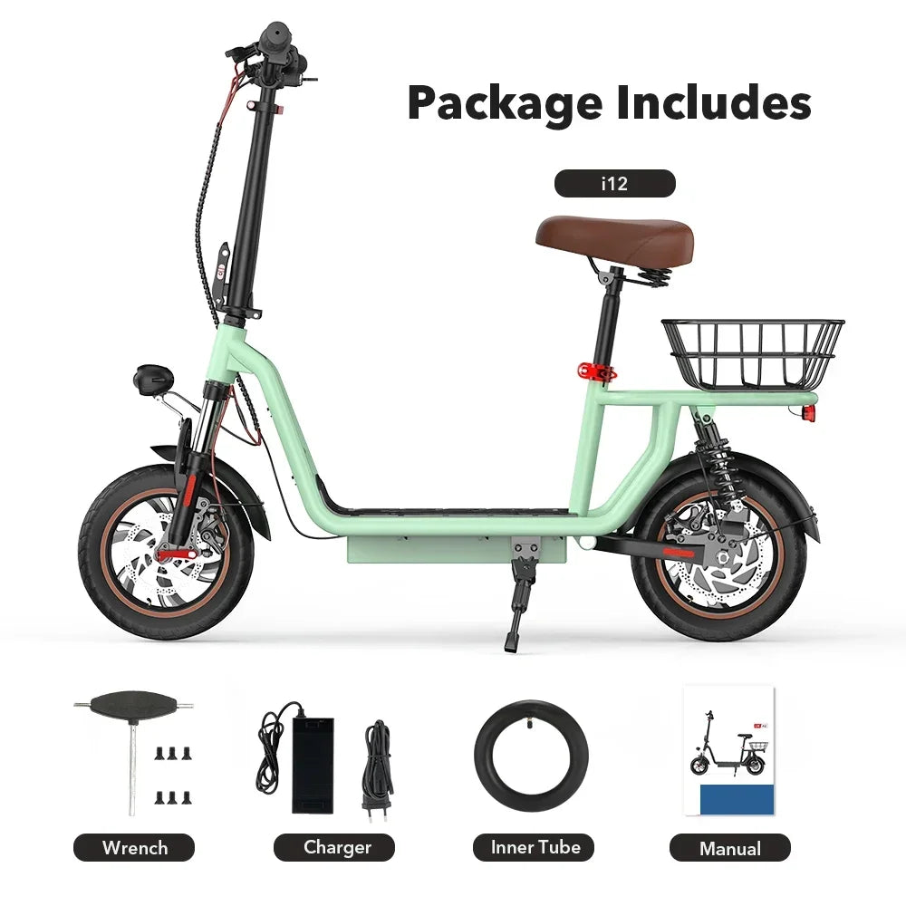 Elite I12 Electric Scooter &ndash; Foldable With Seat And Basket Light Green-1C