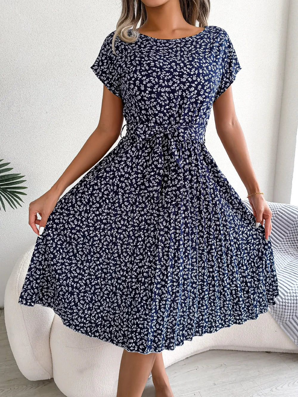 Floral Lace-Up Pleated Short Sleeve Dress for Women DEEP BLUE / S