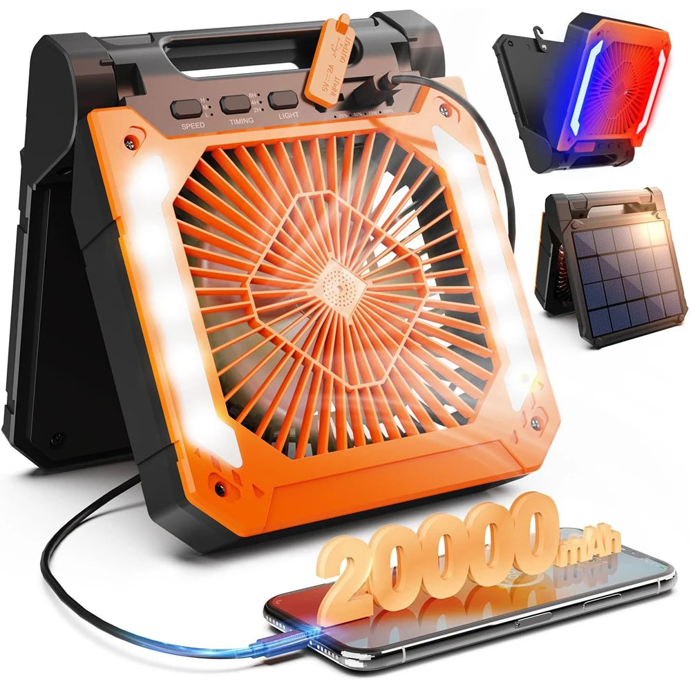 20000mAh Portable Fan With LED Light - USB Charging Orange and Black