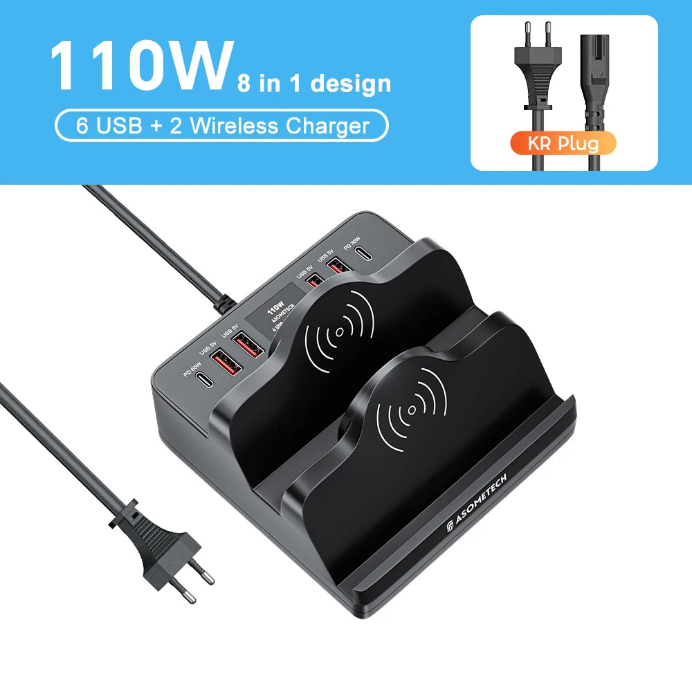ASOMETECH 110W 6 Port USB Charger Station &ndash; Dual Fast Wireless Charging KR Plug