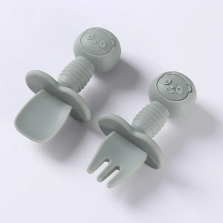 CZSAE 2pcs Silicone Spoon &amp; Fork Set for Baby Feeding Olive Green