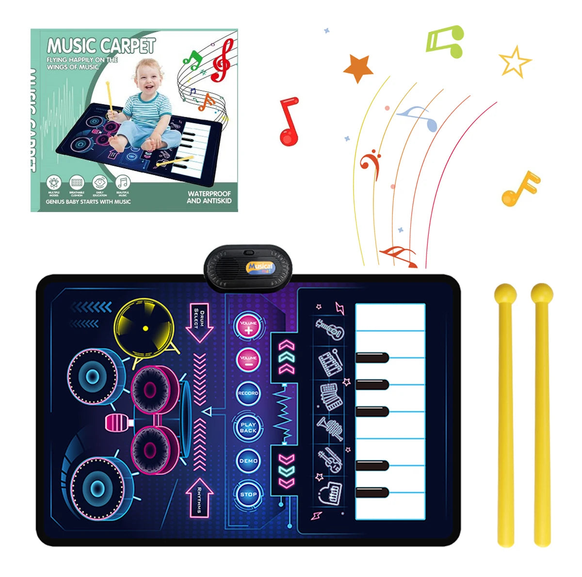 Toddler Educational Music Play Mat - 80x50cm Floor Piano &amp; Drum Mat with Instrument Sounds for Kids C with box