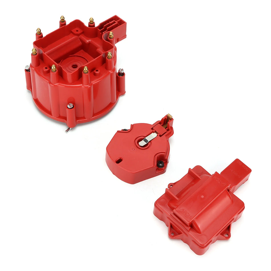 Skirstytuvo dangtelis su ritės rotoriu Chevrolet V8 varikliams raudonas metalas ir ABS korpusas suderinamas su GM V8