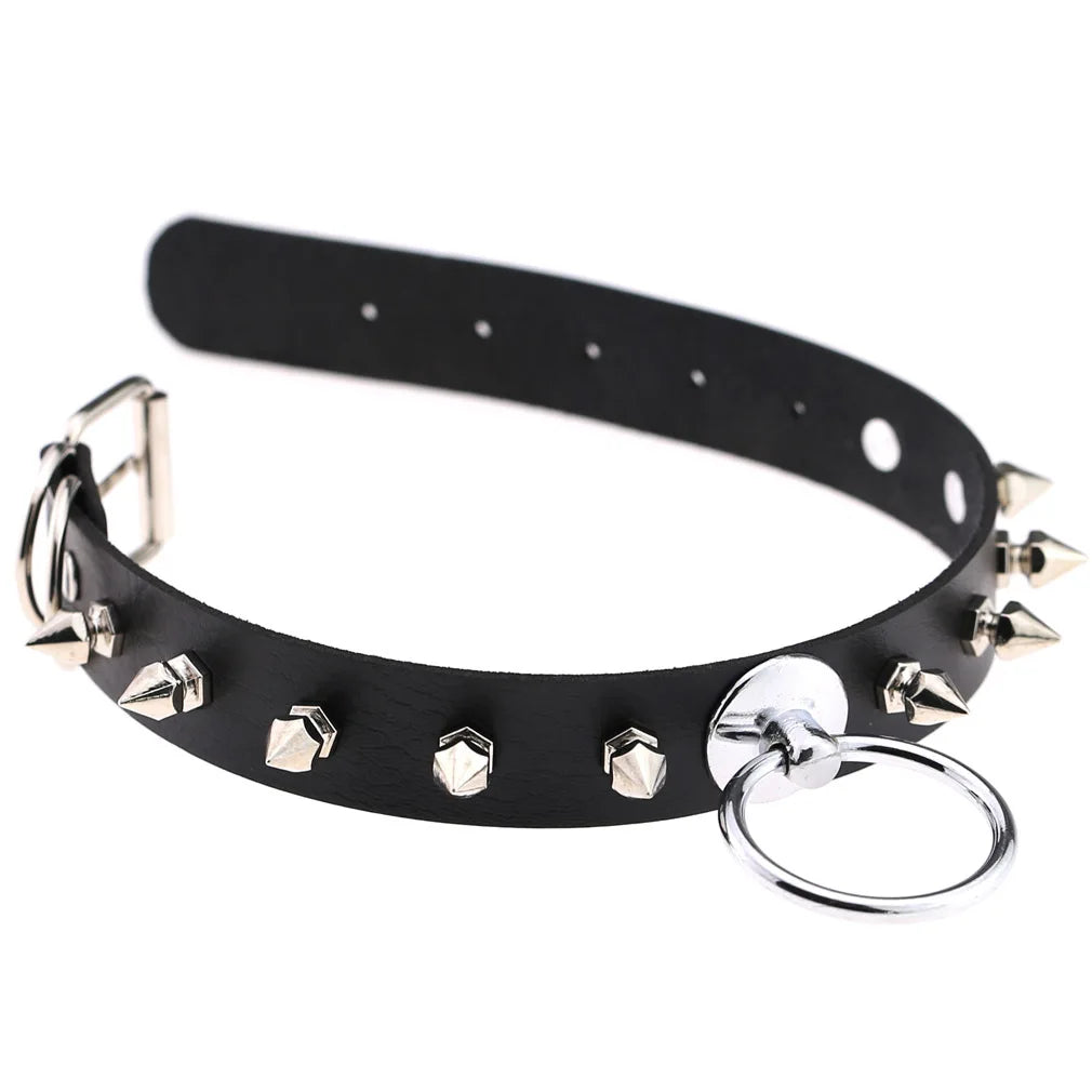 Punk Spike Rivet Leather Choker with Pentagram Pendant for Women