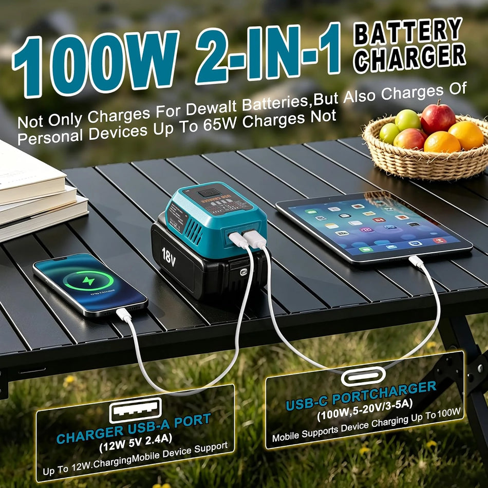 Carregador de Bateria USB de 100W para Baterias de Ferramentas Elétricas 18V 20V