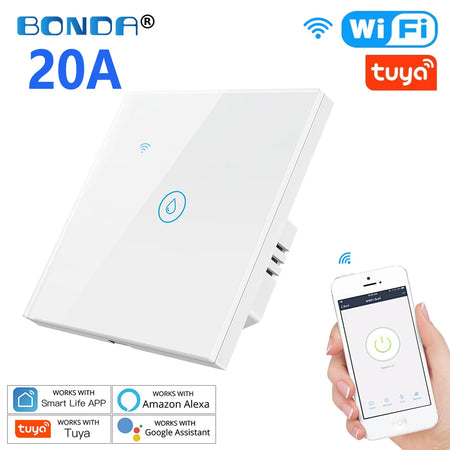 Smart Water Heater Switch with Voice Control and Touch Panel 703EU-WHITE-20A