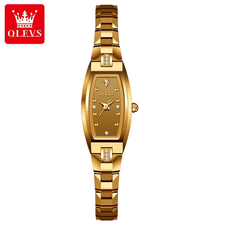 OLEVS Elegant Diamond Quartz Watch for Women with Tonneau Tungsten Steel Band Gold