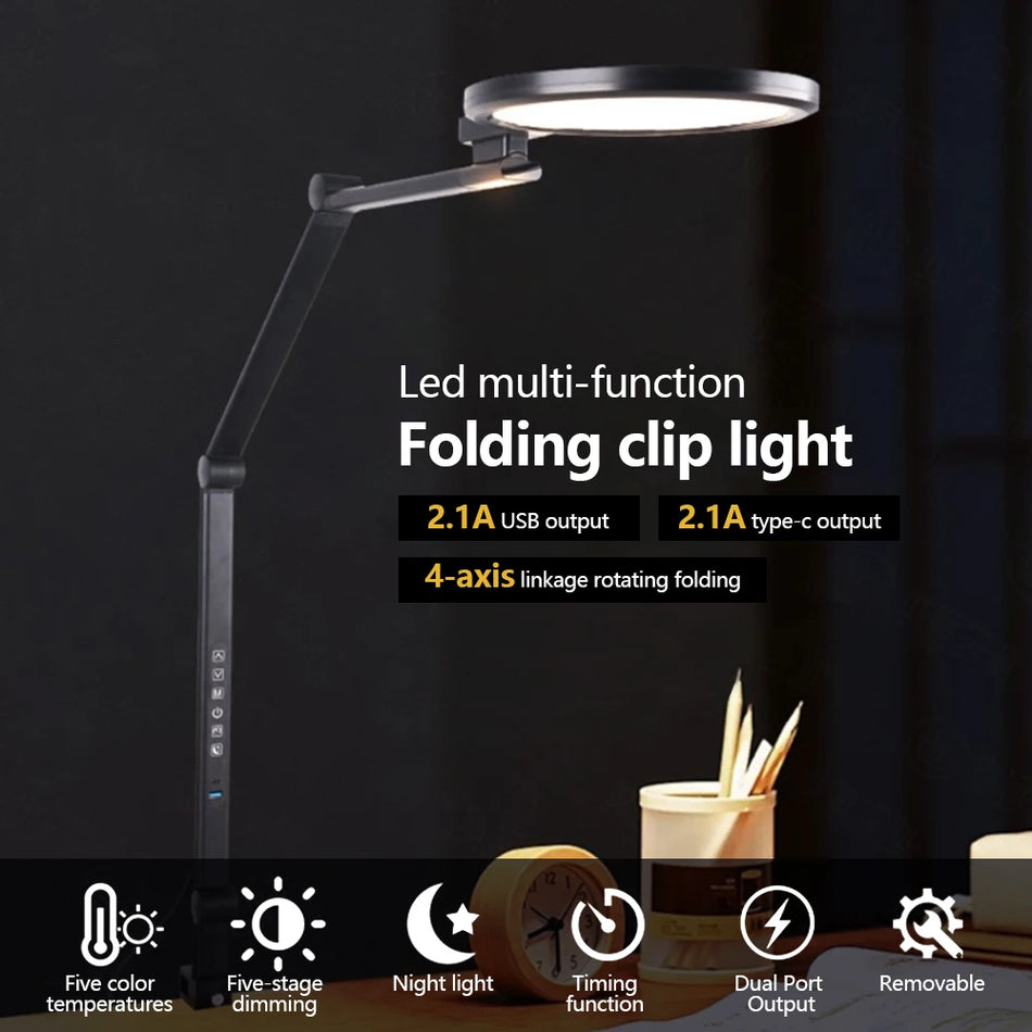 LED Сгъваема Клипсова Настолна Лампа USB Изход 5 Цветови Температури Таймер