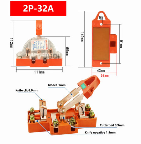 2P Knife Switch 32A 63A 100A &ndash; Double Throw High Power 220V transparent 32A