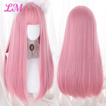 LIANGMO 24-Inch Heat-Resistant Pink Straight Wig with Bangs