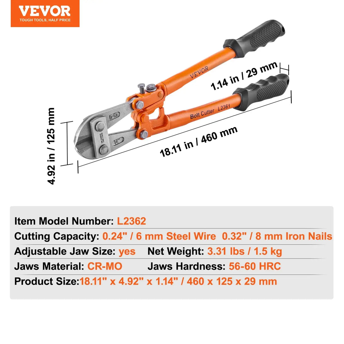 Bolt Cutter 8in 14in 18in 24in &ndash; Adjustable Jaw 18in Adjustable / GERMANY