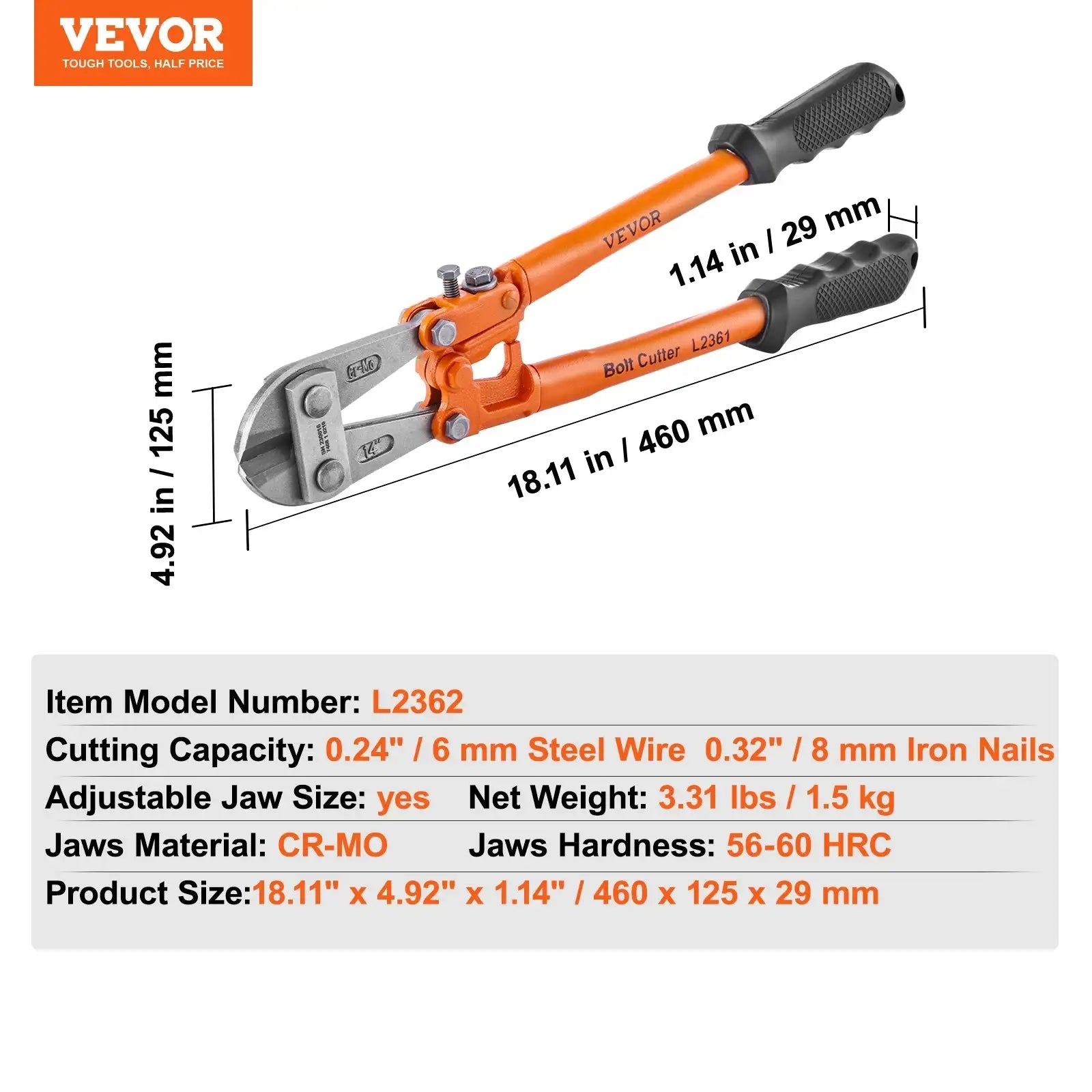 Bolt Cutter 8in 14in 18in 24in &ndash; Adjustable Jaw 18in Adjustable / GERMANY
