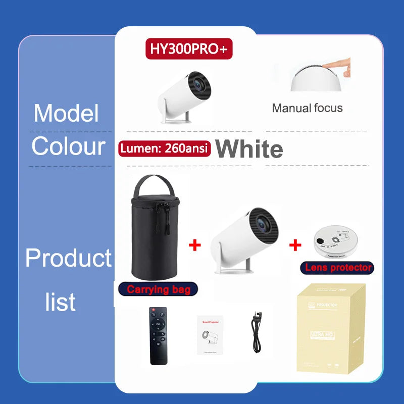 2025New Ditong Hy300 Plus 4k video portable projector Android HD 1280*720P Home Cinema Outdoor HY300 pro Mini led Projetor white PRO new bag / US Plug
