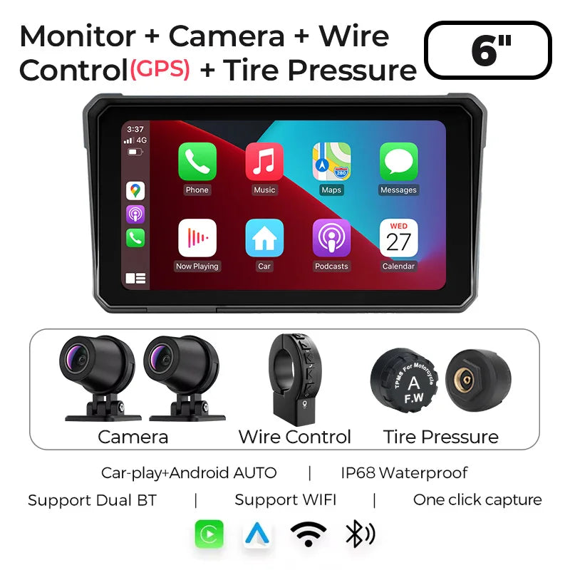 GreenYi 6 Inch Wireless Apple Carplay Motorcycle DVR &ndash; 2K HD GPS Navigation Waterproof Camera With Cam-GPS-TPMS / None