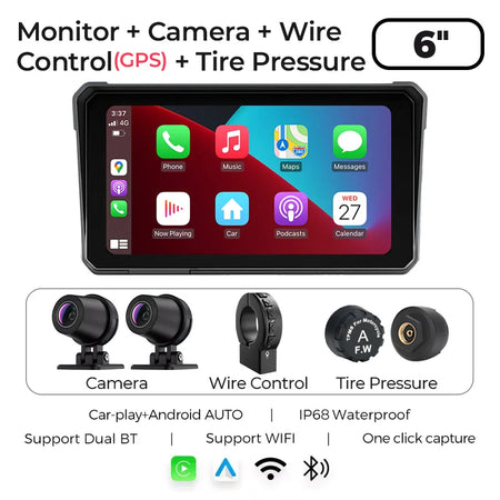 GreenYi 6 Inch Wireless Apple Carplay Motorcycle DVR &ndash; 2K HD GPS Navigation Waterproof Camera With Cam-GPS-TPMS / None