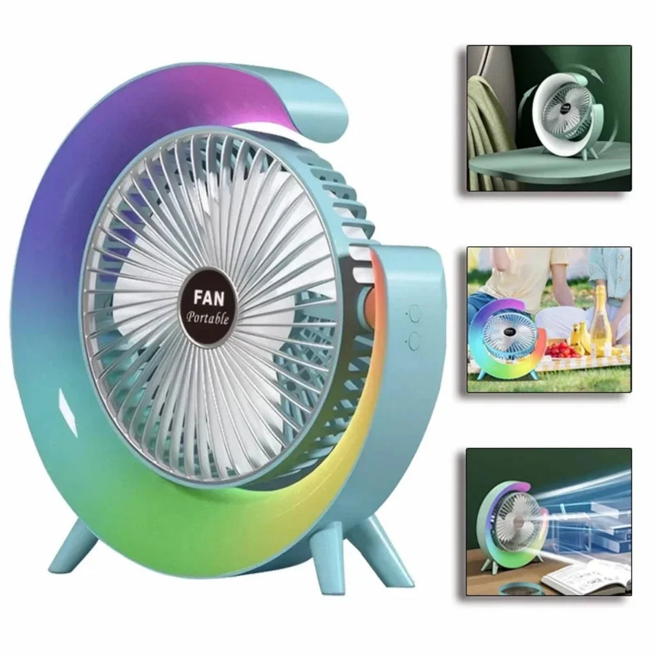 Ventilateur portable rechargeable USB avec LED 7 couleurs, réglable à 180°, 3 vitesses