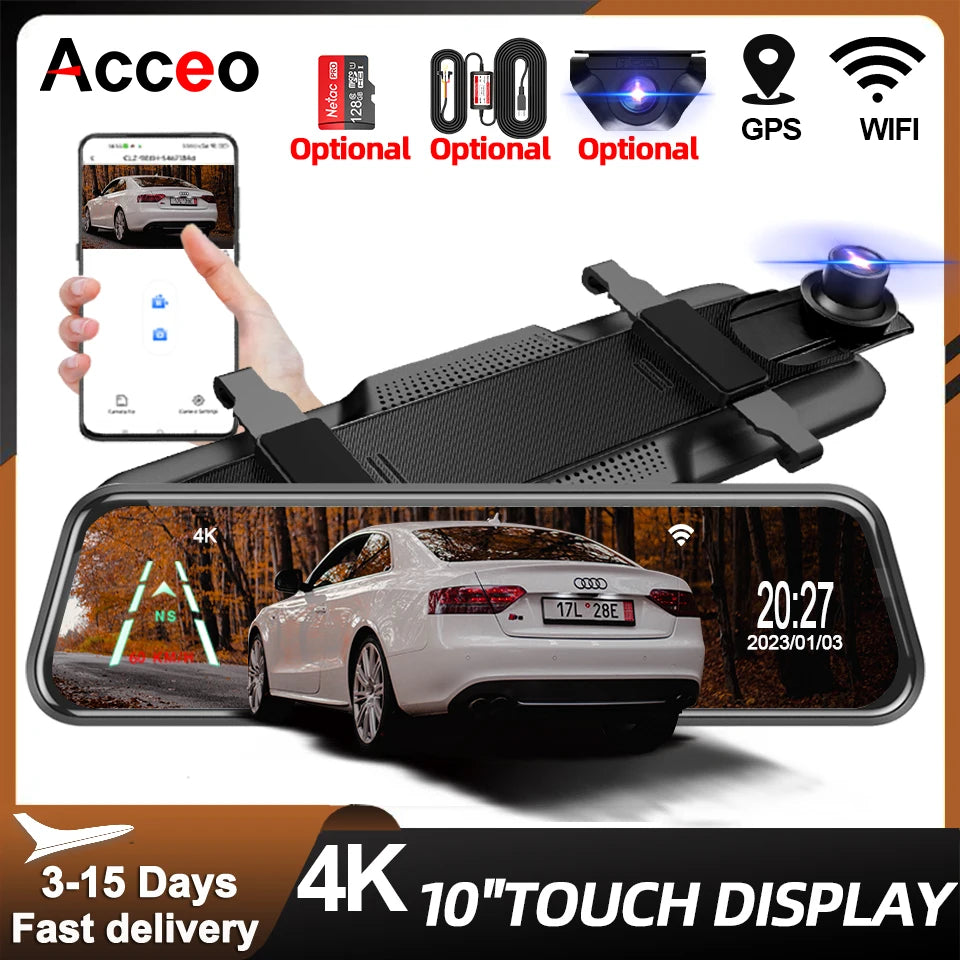 ACCEO A37P 4K Dash Cam Rearview Mirror &ndash; 10 Inch Touch