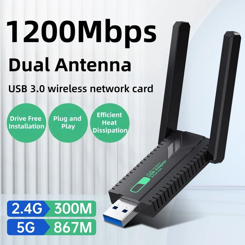 1200Mbps USB 3.0 Dual Band WiFi-adapter för Windows PC, drivrutinsfri