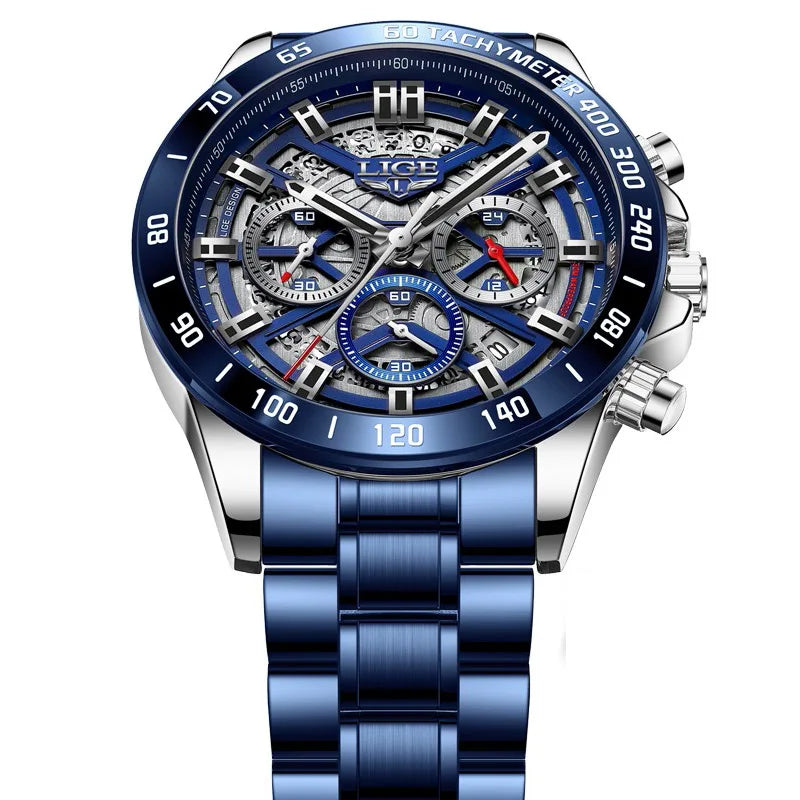 LIGE 2024 Men Watch &ndash; Waterproof Chronograph Quartz Silver blue