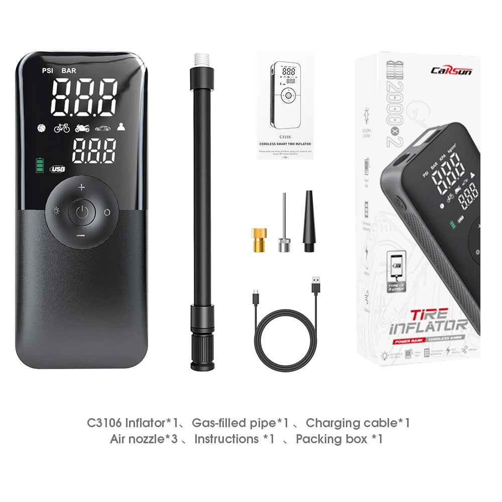 CARSUN Rechargeable Portable Tire Inflator &ndash; Digital Air Compressor for Car, Bicycle &amp; Sports Balls Black