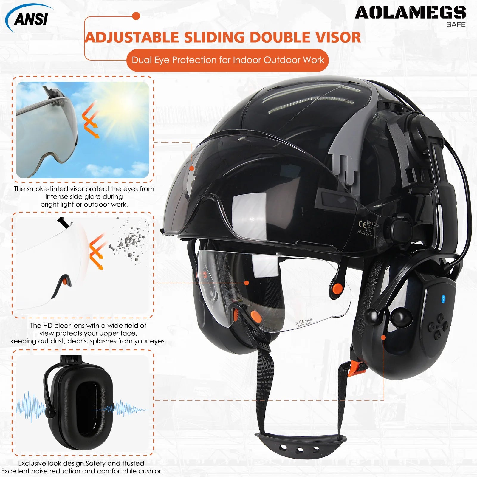 CE Safety Helmet With Bluetooth Earmuffs &ndash; Built In Goggles