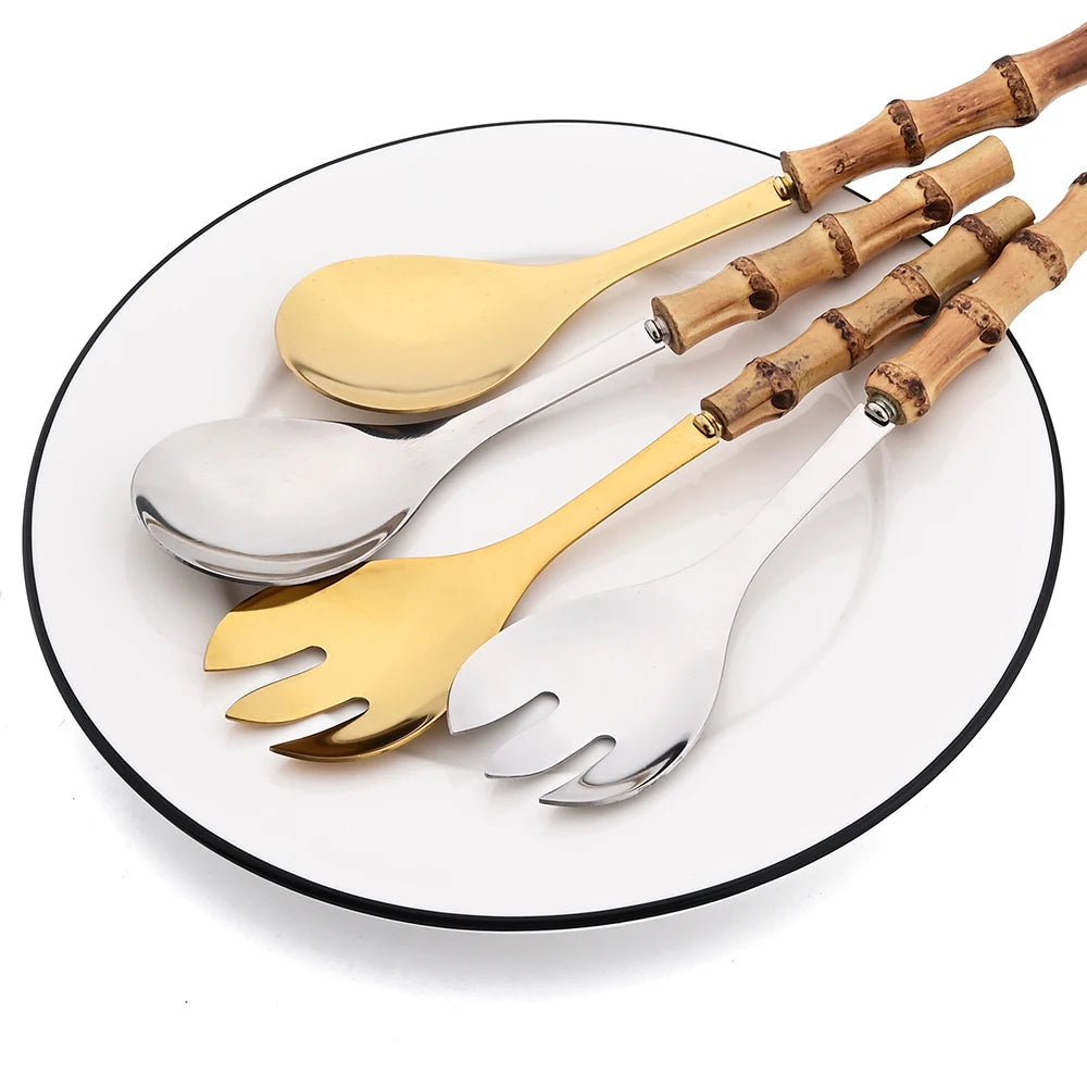 KNGZI 4Pcs Long Handle Serving Spork Set &ndash; Elegant Bamboo Wooden Handle