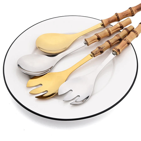 KNGZI 4Pcs Long Handle Serving Spork Set &ndash; Elegant Bamboo Wooden Handle