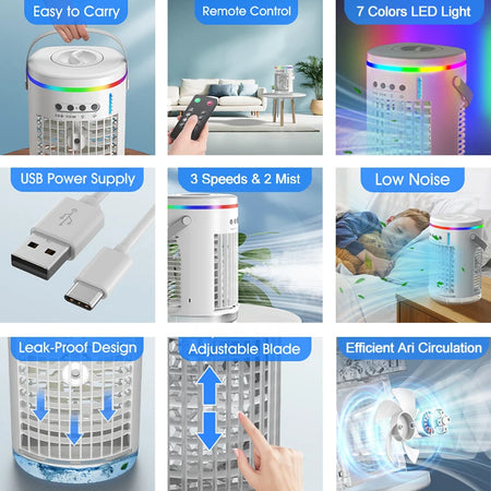 Portable Air Cooler - USB Powered, 3 Speeds, 1400ml, 7 Colors, Quiet Fan for Home &amp; Office