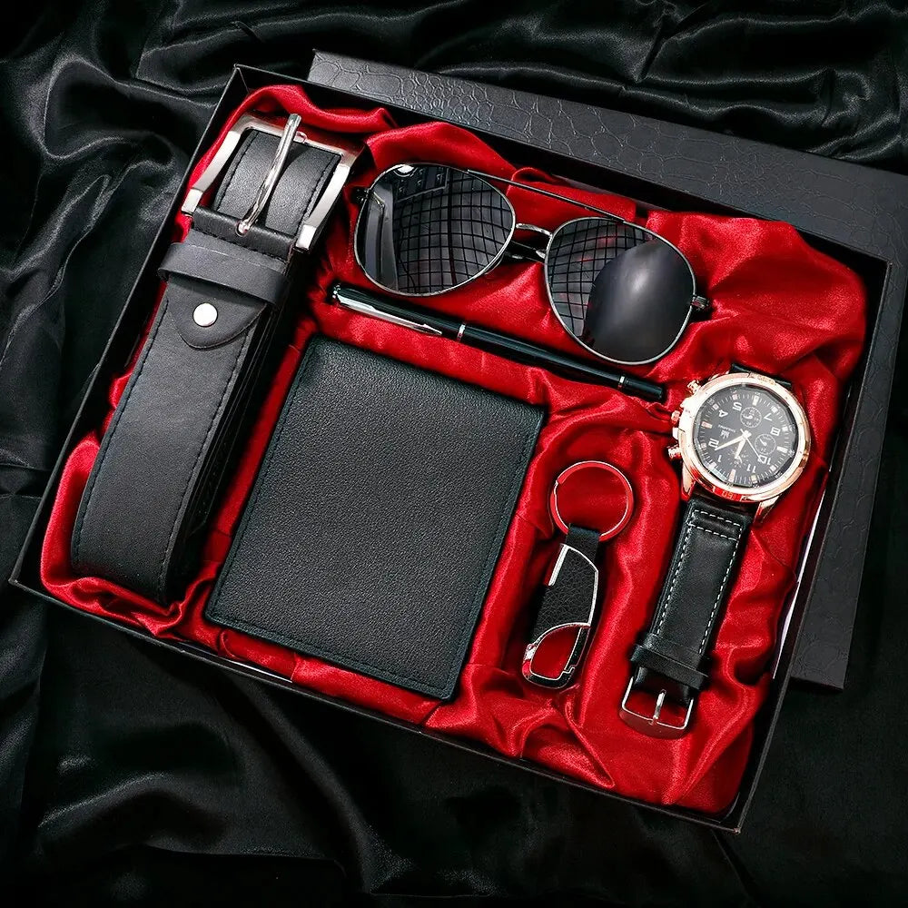SHAARMS Men's Luxury 6-in-1 Gift Set: Watch, Glasses, Pen, Keychain, Belt &amp; Wallet