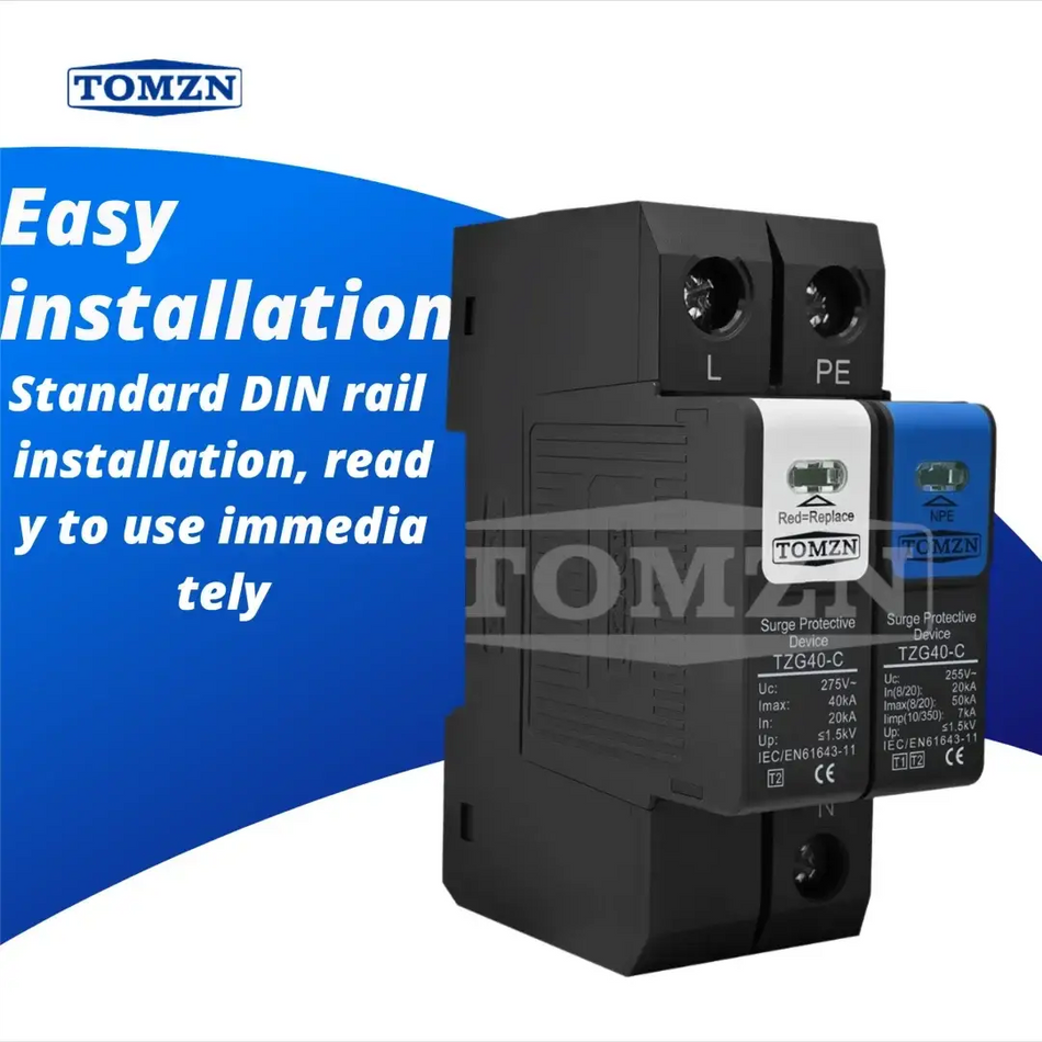 TOMZN N-PE Surge Protector SPD 1P+NPE & 3P+NPE, Discharge Tube 20-50kA, 230V/380V AC, Pluggable T1+T2 Flame-Retardant Housing by InterCyprus Trading Ltd