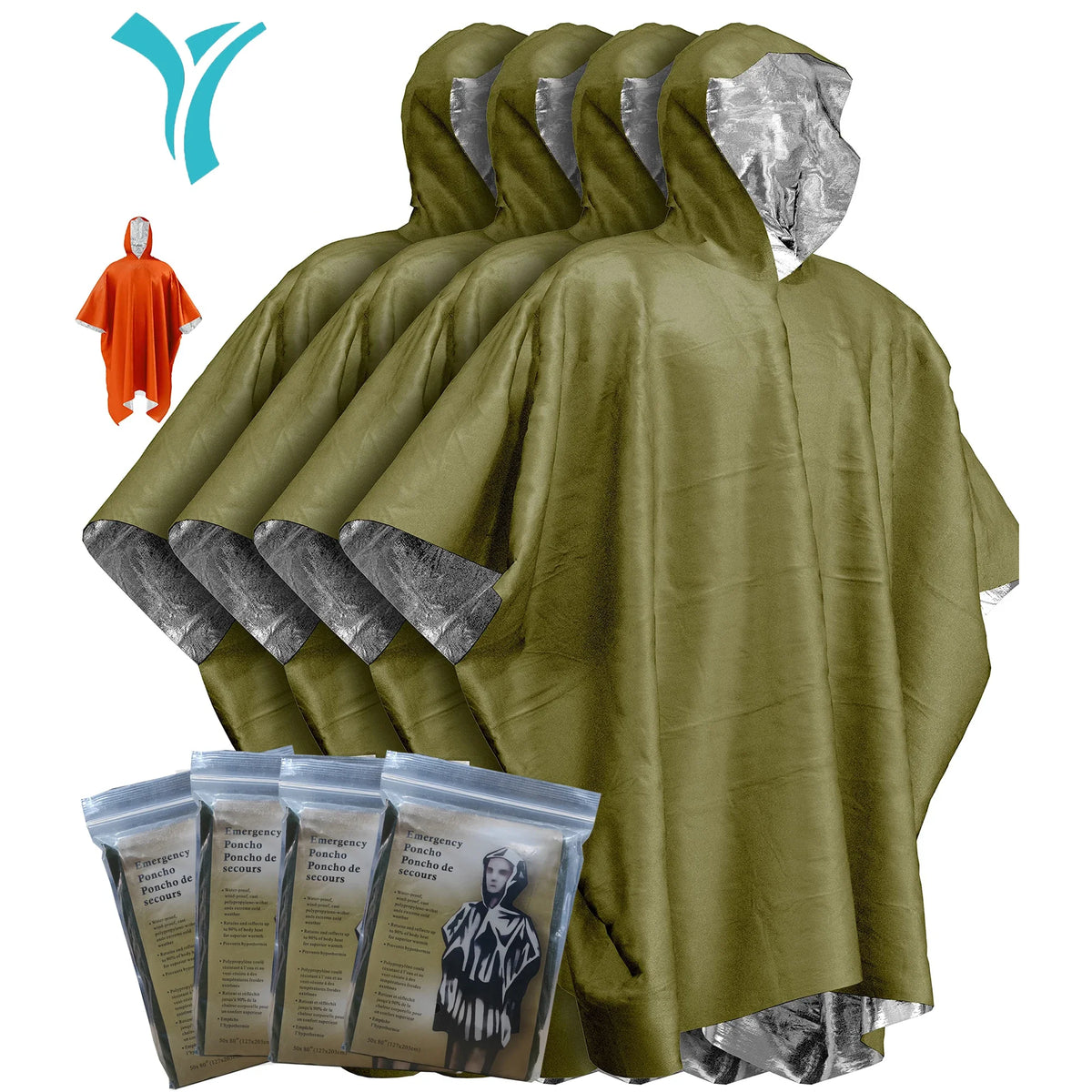 Emergency Poncho 4 Pcs - Insulated Reflective Gear Plus 4 Green