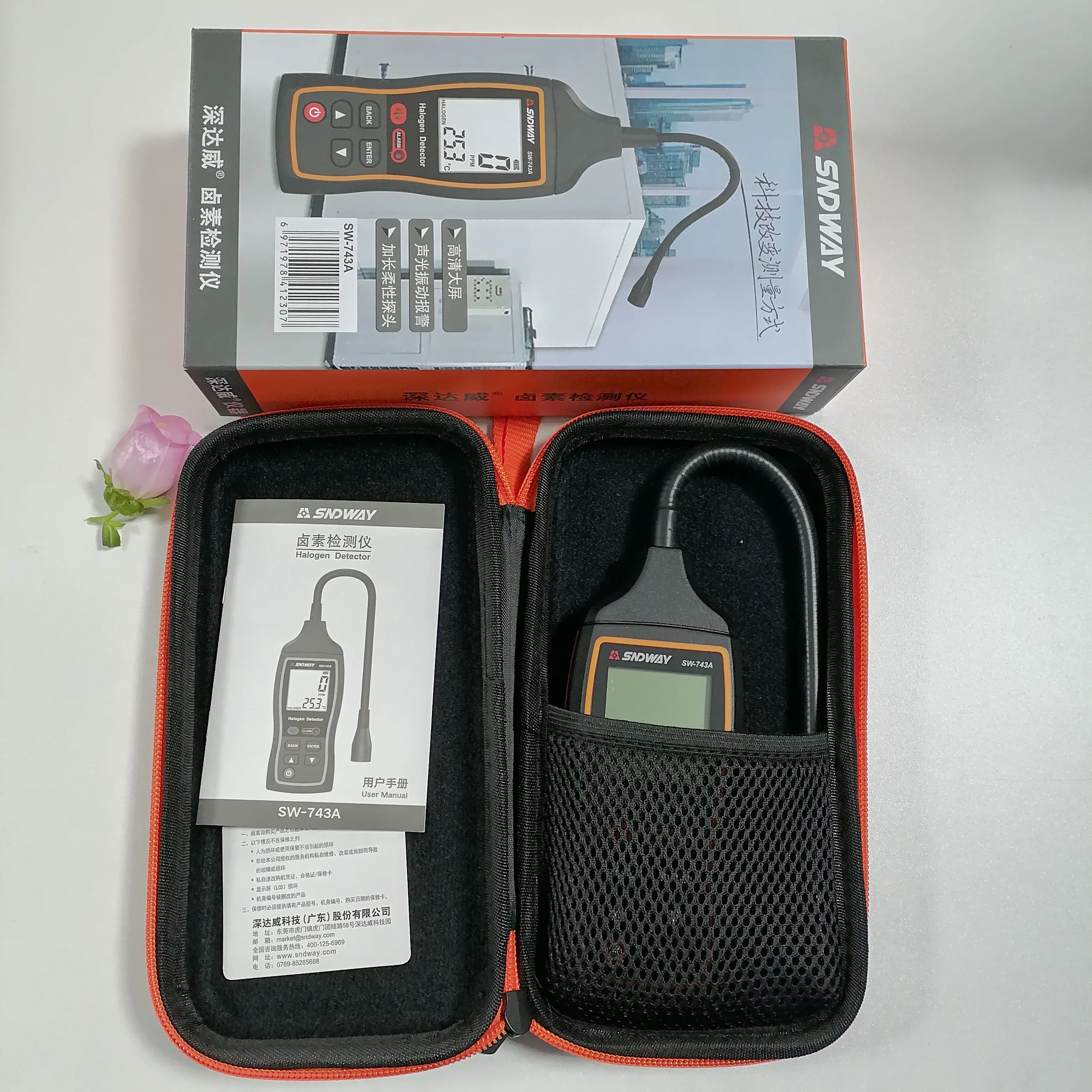 SW-743A 0-1000ppm Halogen Gas Detector &ndash; High Low Alarm SW-743A-with box