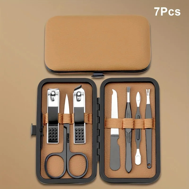 Manicure Set Stainless Steel 18Pcs - Compact Travel PU Case 7pcs Black-Brown