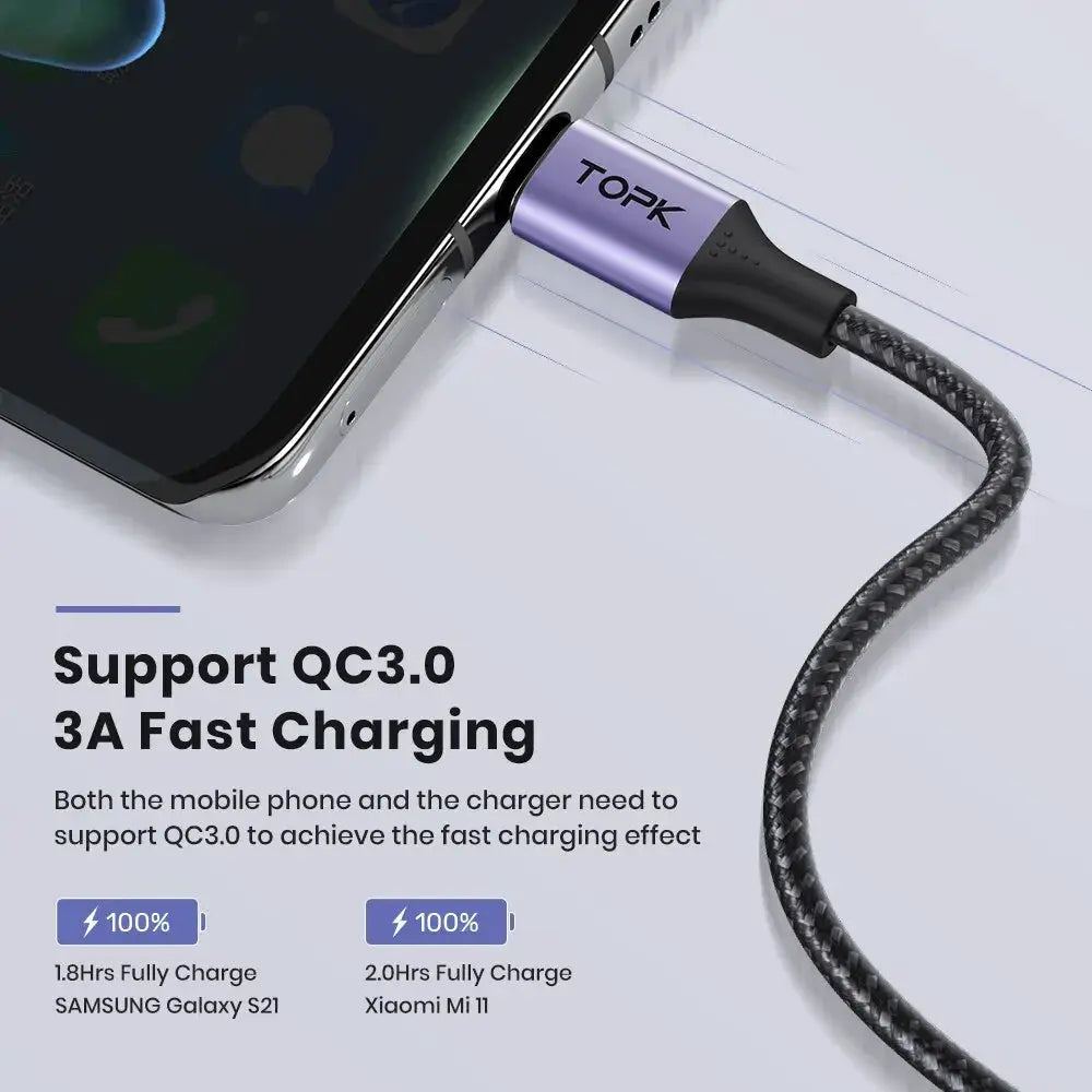 TOPK 3A Micro USB Type C Phone Charger Charging Cable Quick Charge Mobile Phone Cables Wire for Xiaomi Redmi Note 10 9 by InterCyprus Trading Ltd