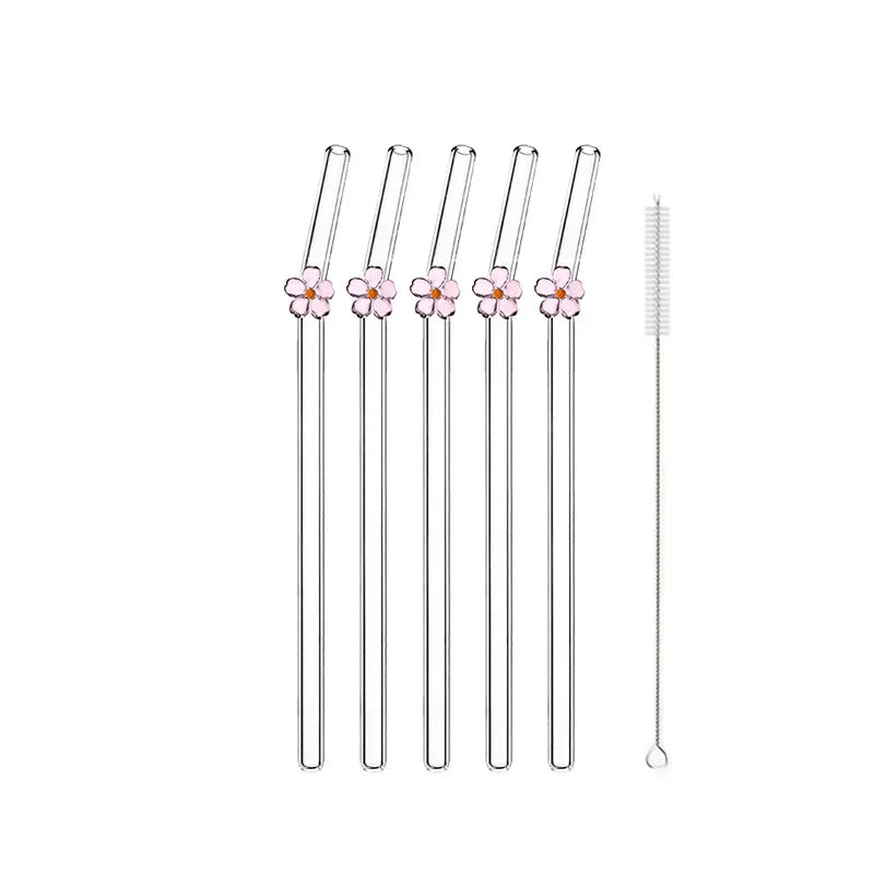 5Pcs Reusable Glass Straws &ndash; Eco-Friendly Flower Shape Design Pink