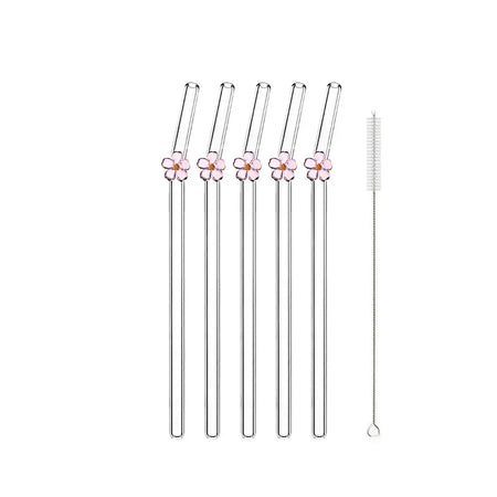 5Pcs Reusable Glass Straws &ndash; Eco-Friendly Flower Shape Design Pink