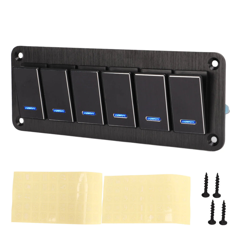 Panou de comutator cu 6 ganguri, impermeabil, cu iluminare de fundal albastră, DC12-24V, 30A pentru RV