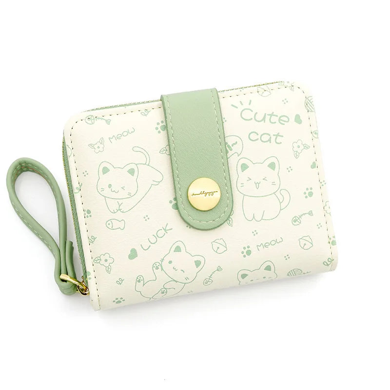 Cute Cat Girl Zipper Wallet for Women &ndash; Fashionable Short Card Holder and Coin Purse Green