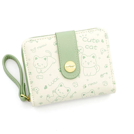 Cute Cat Girl Zipper Wallet for Women &ndash; Fashionable Short Card Holder and Coin Purse Green