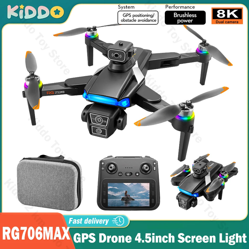 Drone RG706MAX com GPS, Ecrã de 4,5 polegadas, Câmara Dupla 8K HD, Quadcóptero FPV