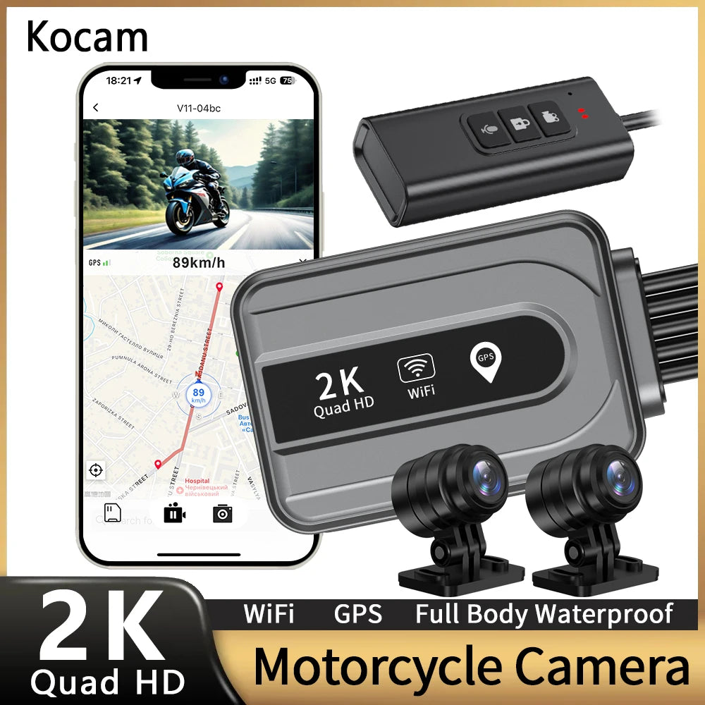 Kocam Dual 2K Motorcycle DVR &ndash; Waterproof Front and Rear Camera Recorder with WiFi GPS 64G