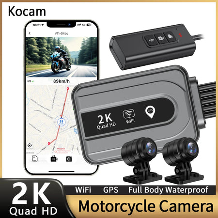 Kocam Dual 2K Motorcycle DVR &ndash; Waterproof Front and Rear Camera Recorder with WiFi GPS 64G