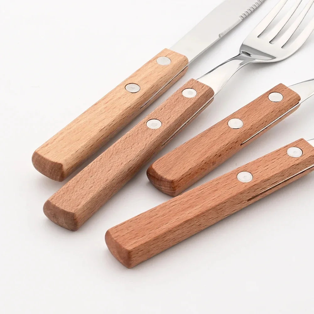 4Pcs Wooden Handle Cutlery Set &ndash; Eco-Friendly Stainless Steel Dinnerware