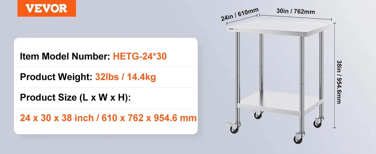 Stainless Steel Work Table Four Wheels 500 Lbs Load 24x30inch / GERMANY