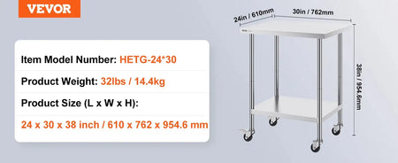 Stainless Steel Work Table Four Wheels 500 Lbs Load 24x30inch / GERMANY