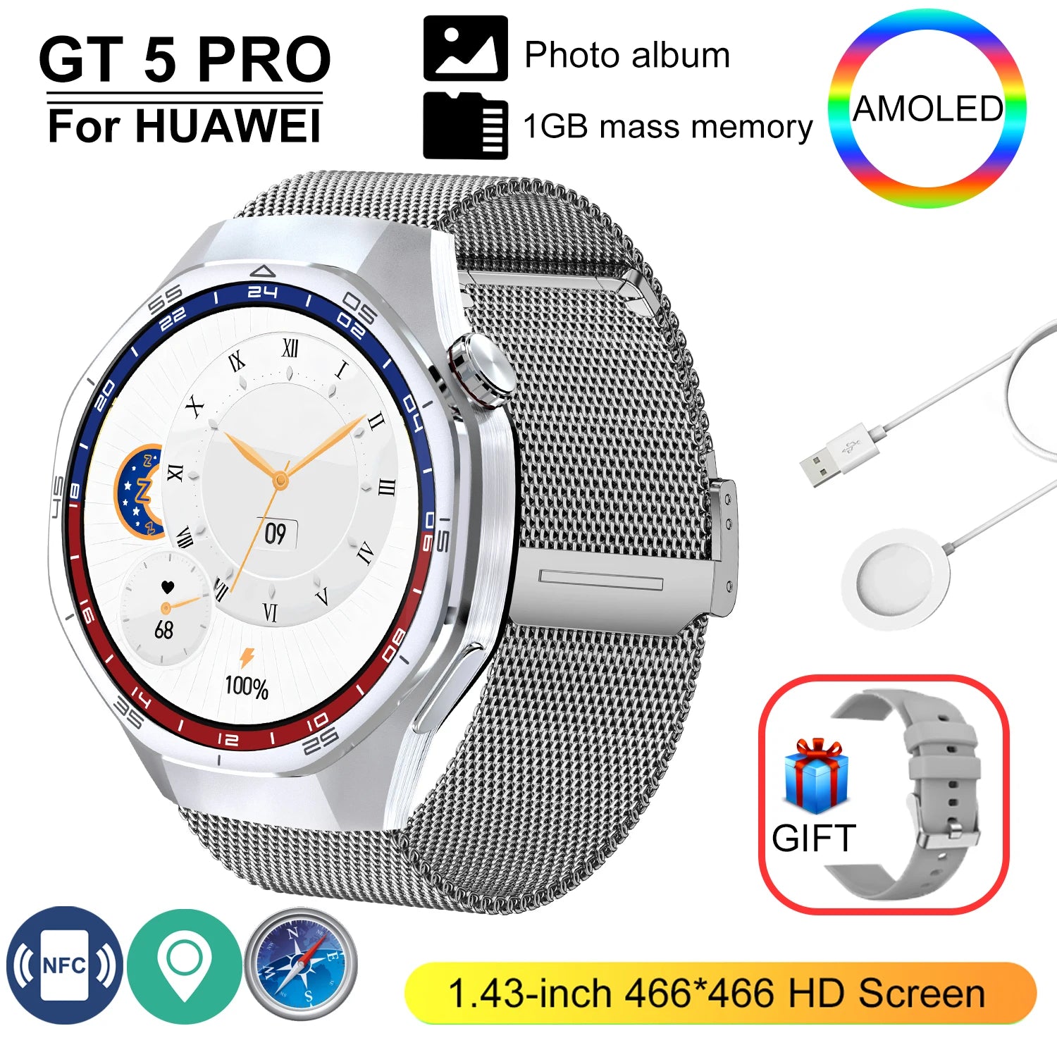 GT 5 Pro 2025 &ndash; 24h Blood Pressure Monitoring And NFC GPS Silver Mesh belt / NFC 400mAh