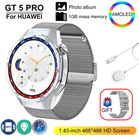 GT 5 Pro 2025 &ndash; 24h Blood Pressure Monitoring And NFC GPS Silver Mesh belt / NFC 400mAh